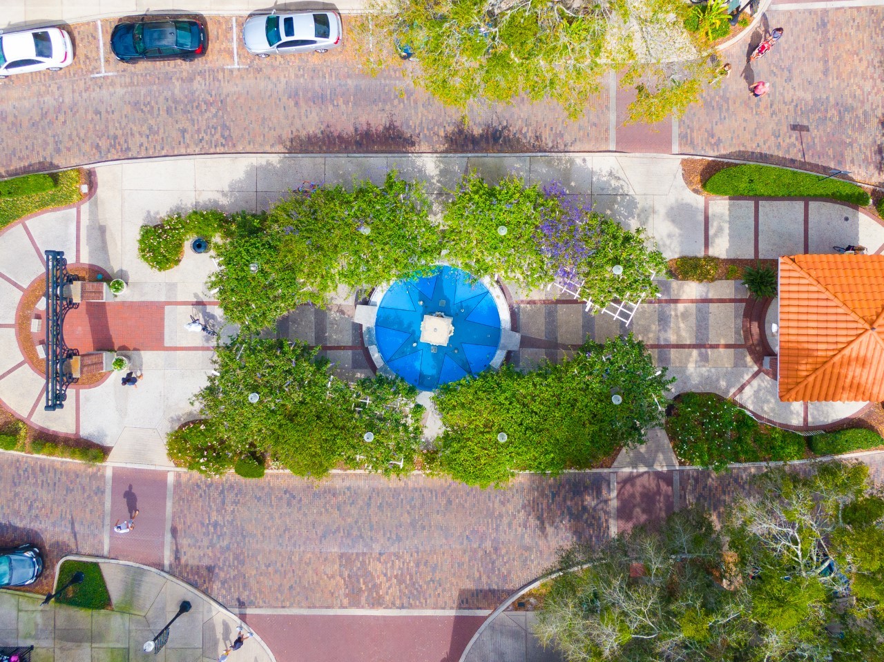 An aerial view of the downtown Winter Garden fountain in Centennial Plaza shows the water feature after its cleanup and resurfacing.