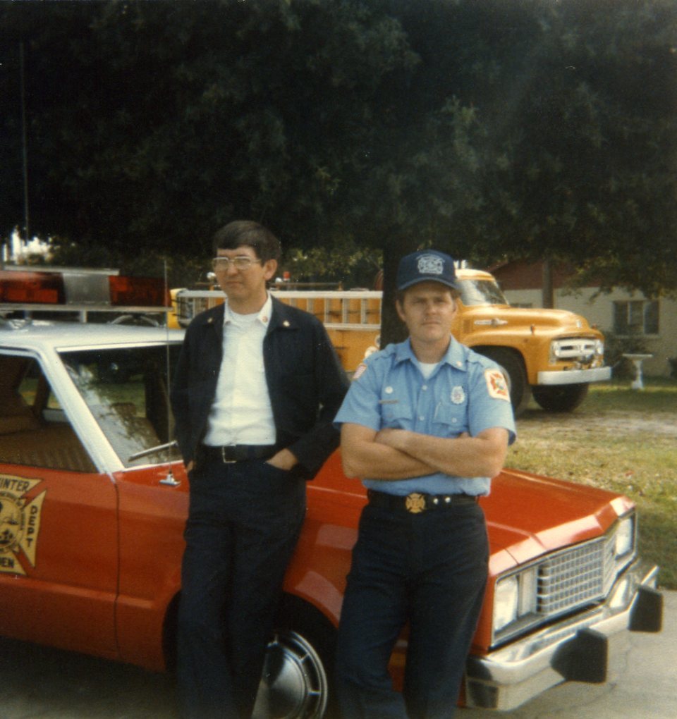 Randy Dollar, left, and a fellow firefighter at the previous fire station on South Boyd Street, which is now the SoBo Art Gallery.