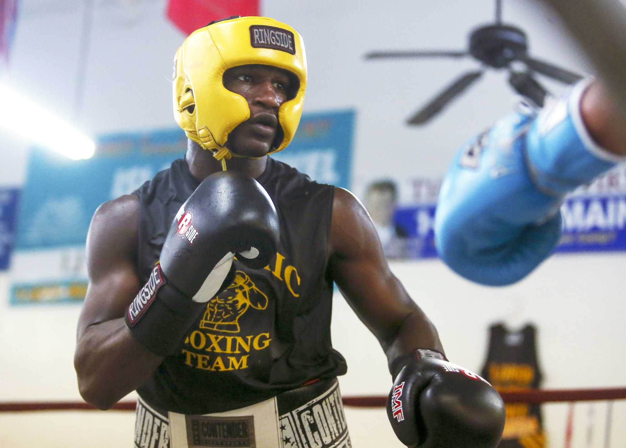 Derrick Jackson gets in a sparring session Saturday morning.