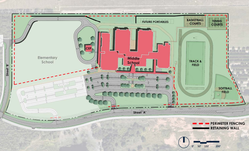 The middle school and an elementary school will share driveways and parking lots to expand vehicle capacity.