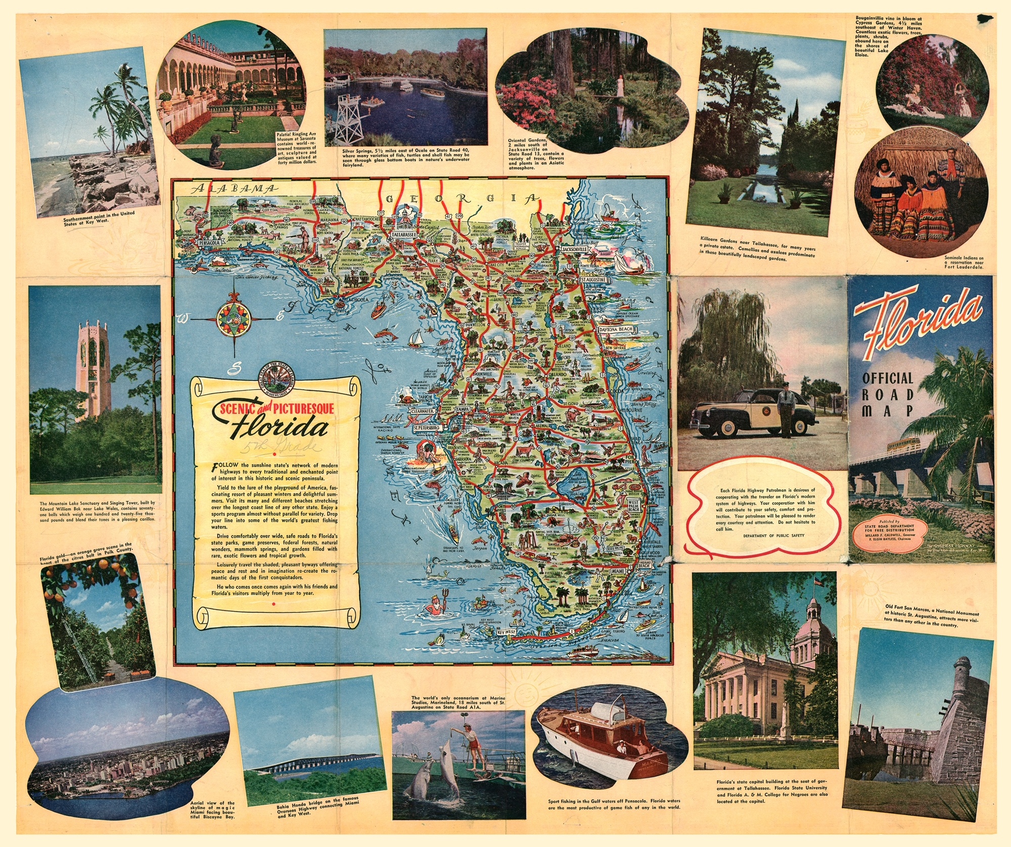 The state travel agency handed out official Florida road maps. This side features images from around the state, and the other is a typical road map of Florida.