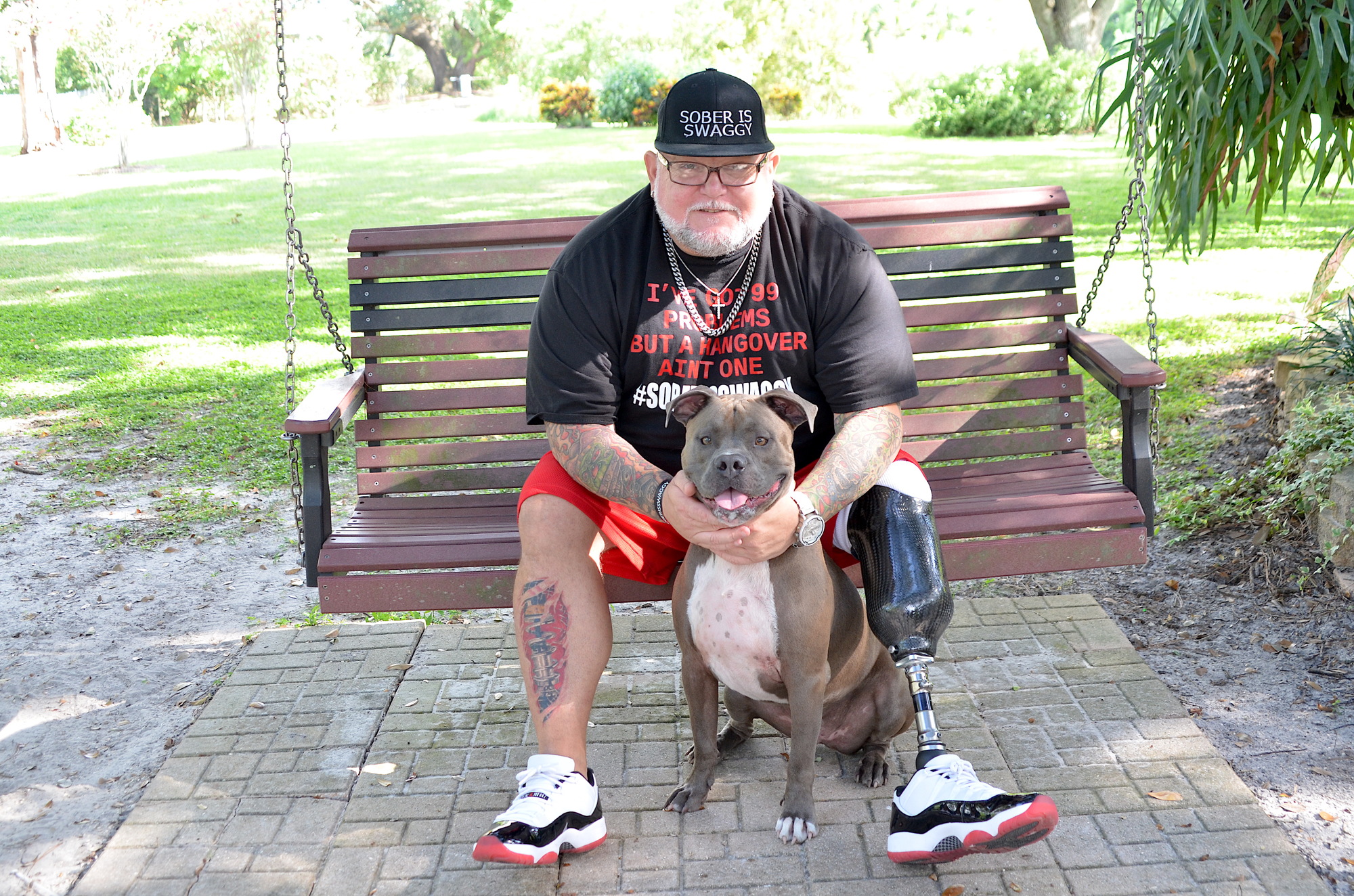 Jody Mathews is thankful for his constant companion, a Blue-Nose Pitbull named Apollo.