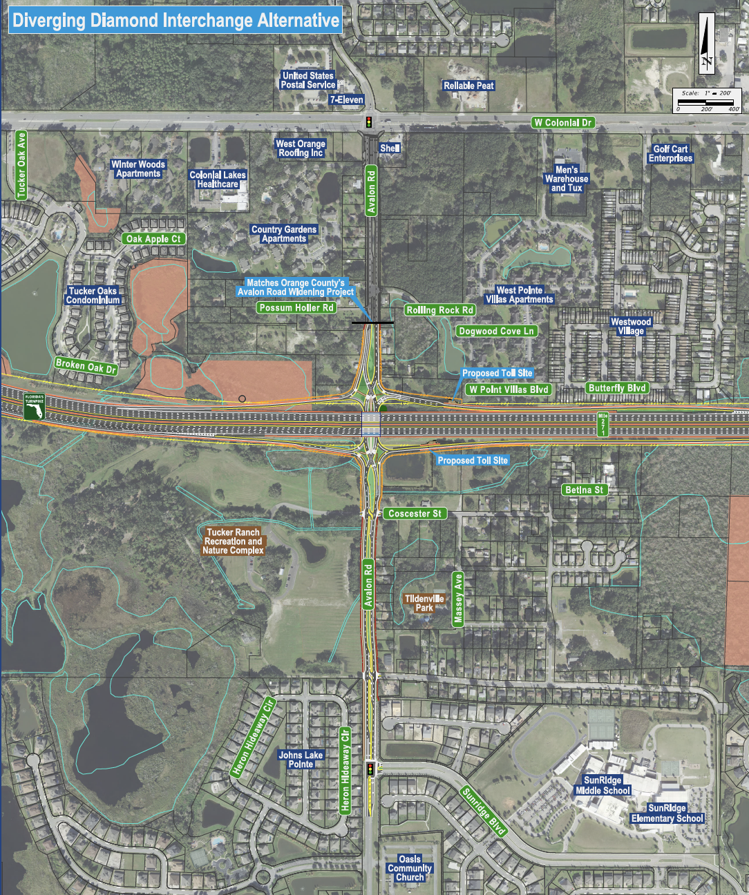 One of three proposed options for an Avalon Road interchange on the Florida's Turnpike. Map legend below.