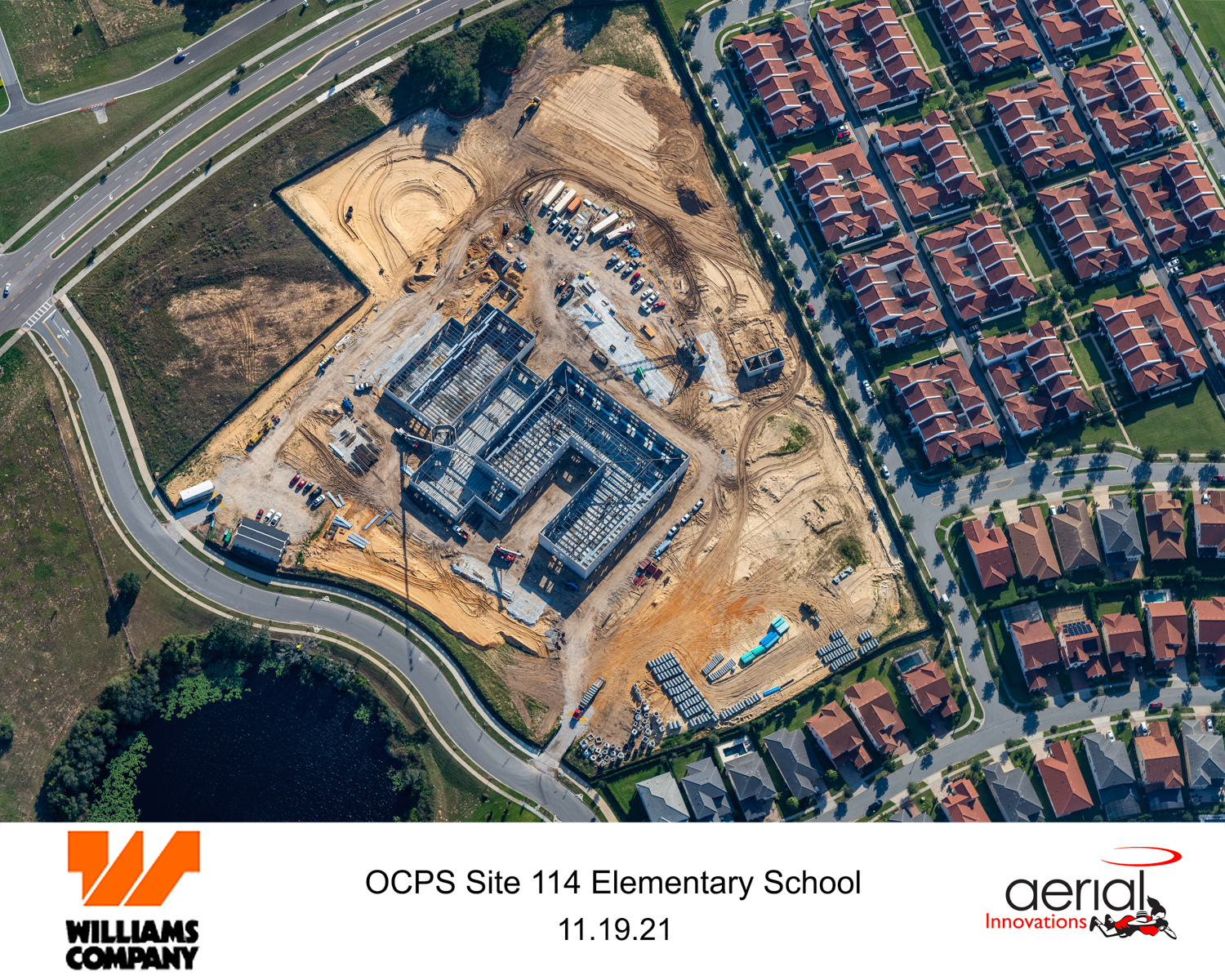An aerial view shows the construction progress for the elementary school being built at 1051 Summerlake Groves St., Winter Garden.