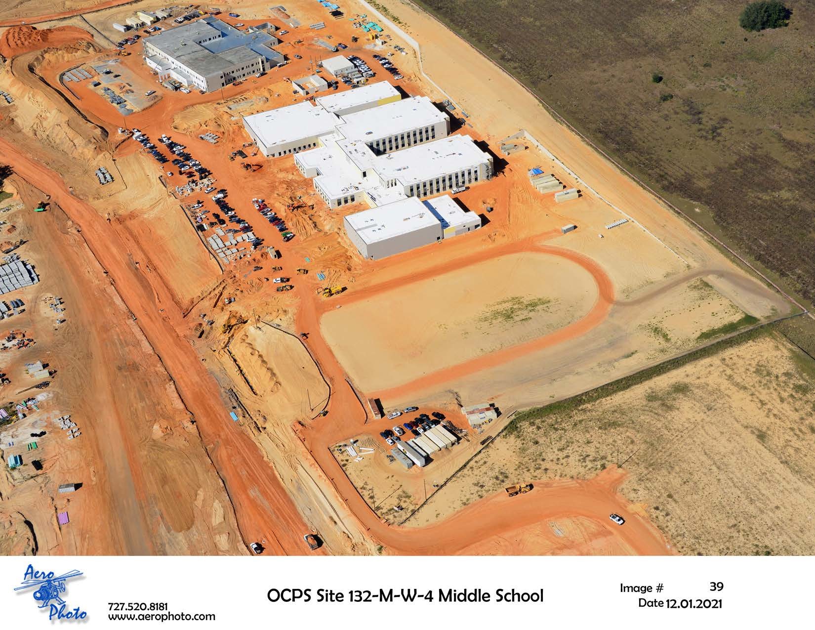 An aerial view shows the construction progress for the middle school being built at 16025 Silver Grove Blvd., Winter Garden.