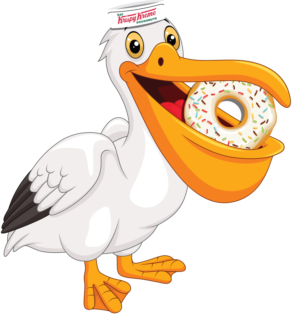 Spiro & Associates developed the image of a pelican wearing a Krispy Kreme hat with a doughnut in its bill, which became a popular T-shirt design for the Fort Myers Krispy Kreme store. Courtesy Spiro & Associates.