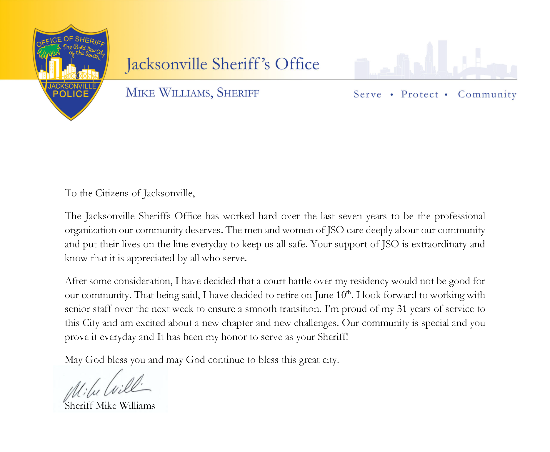 Jacksonville Sheriff Mike Williams' resignation letter.