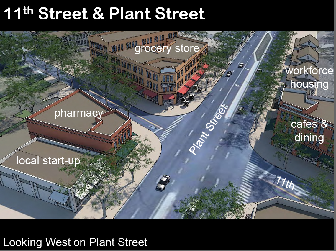 What the intersection of Plant Street and 11th Street/Hennis Road could look like with multiple future improvements.