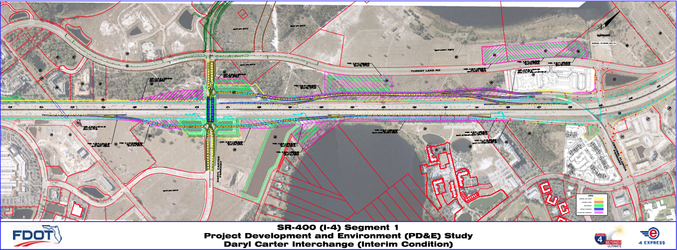 An interim Daryl Carter Parkway flyover with Interstate 4 could alleviate traffic on Palm Parkway/Turkey Lake Road, which runs virtually parallel to the west. (open in new tab to enhance)