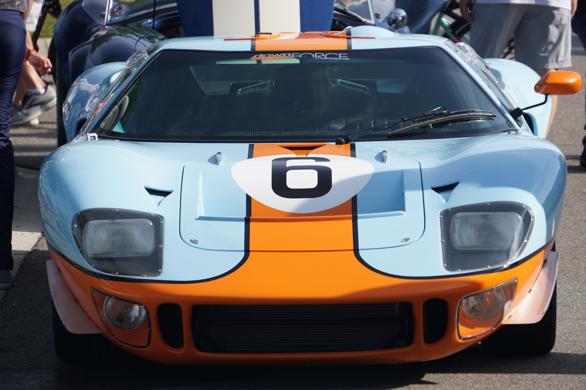 A Ford GT in the colors of the 24 Hours of LeMans champion Ford GT40 from 1968 and 1969