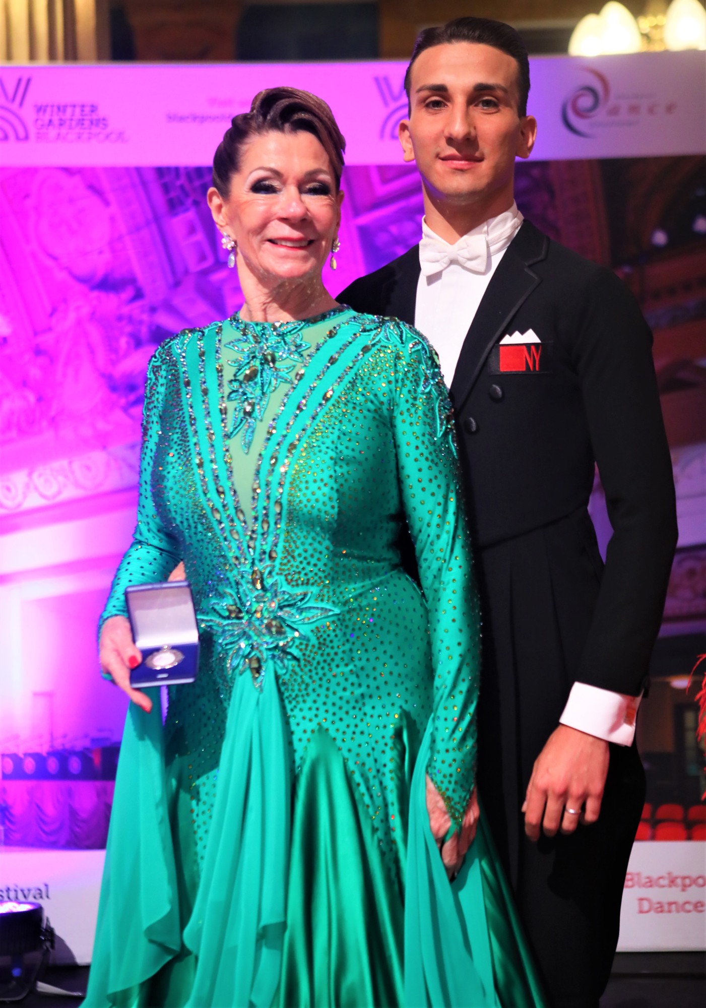 Christine Schneider Downs and Samuele Pugliese took home the title of World Champion in the Pro/Amateur 65+ American Smooth Multi-Dance Championship in the Blackpool Dance Festival. Courtesy photo