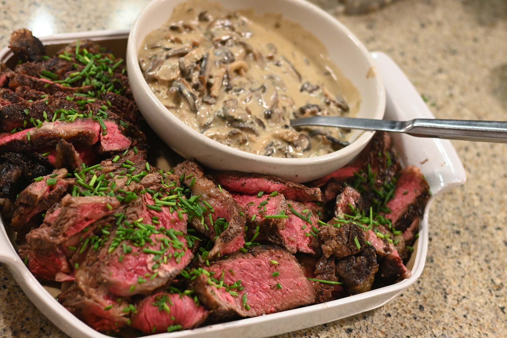 The finished product: Steak with creamy gorgonzola mushrooms. (Photo: Spencer Fordin)