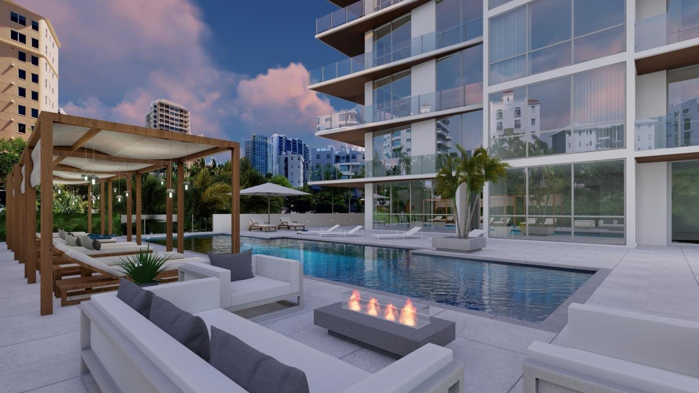 A rendering of the pool area at The Evolution at Golden Gate Point.