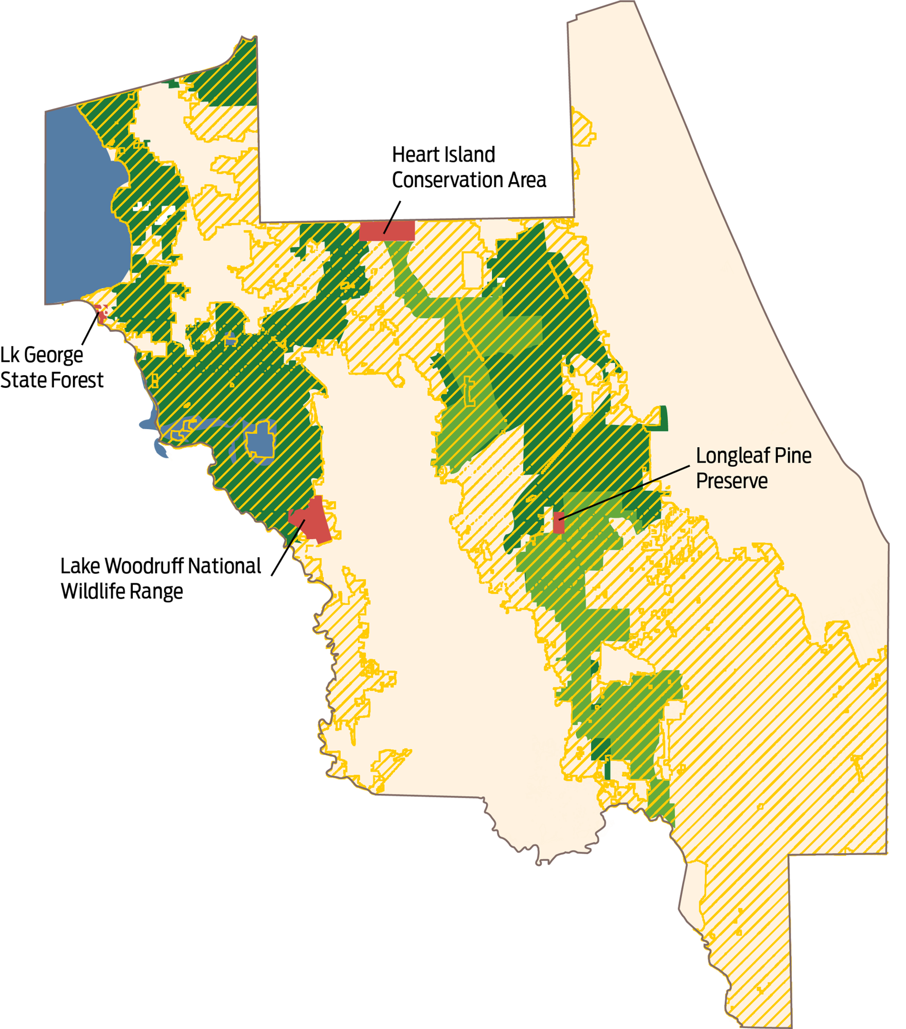 A map showing the list of parcels that were on SJRWMD's surplus list. They all resided within the Volusia Conservation Corridor and the Florida Wildlife Corridor.