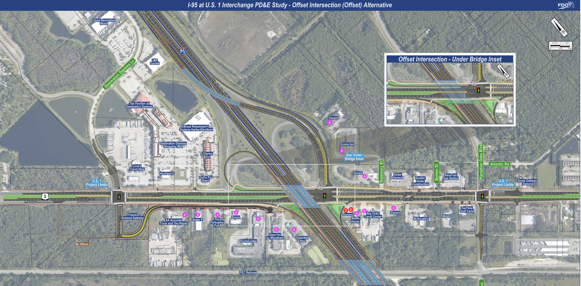 A map showing what the offset intersection alternative would look like at the U.S. 1 and I-95 interchange. Courtesy of FDOT