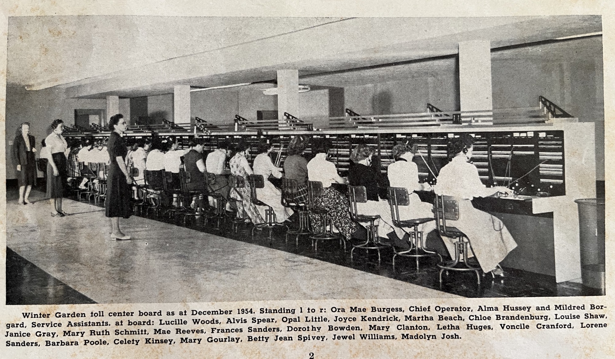 Florida Telephone News newsletters informed employees at the company’s various call centers. In December 1954, a photo ran featuring the women at the Winter Garden toll center board.