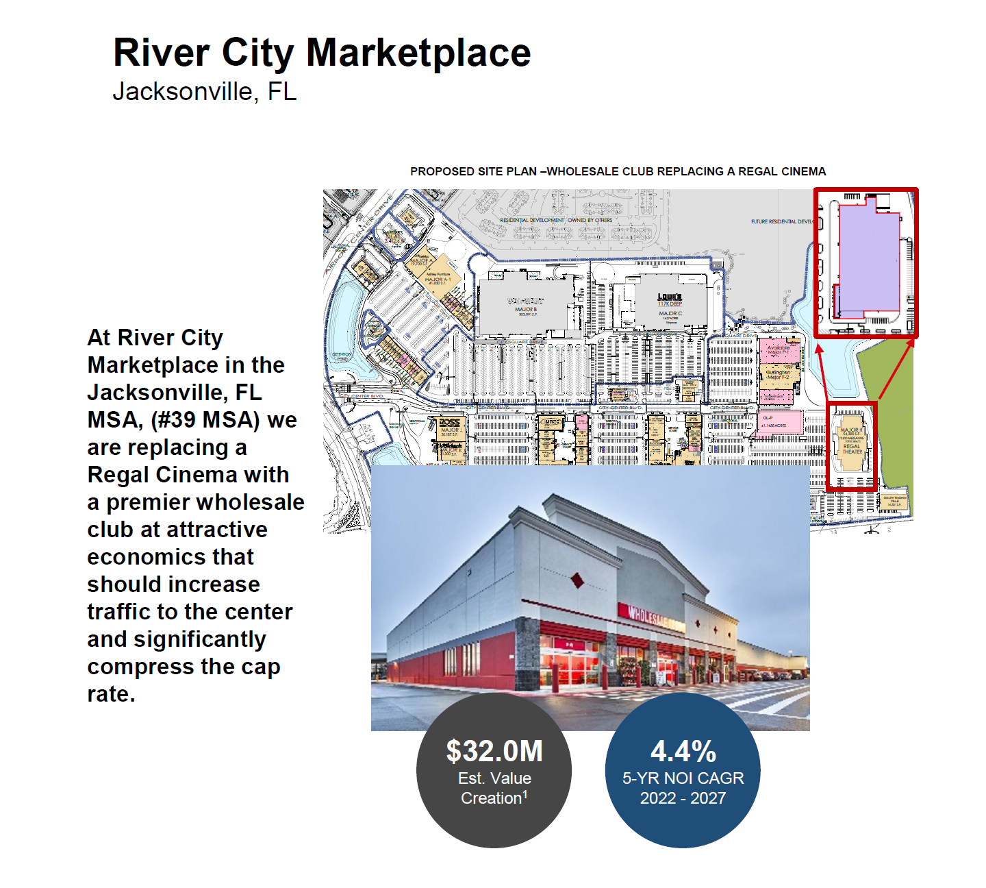 A presentation slide shows the wholesale club at River City site of Regal Cinema.