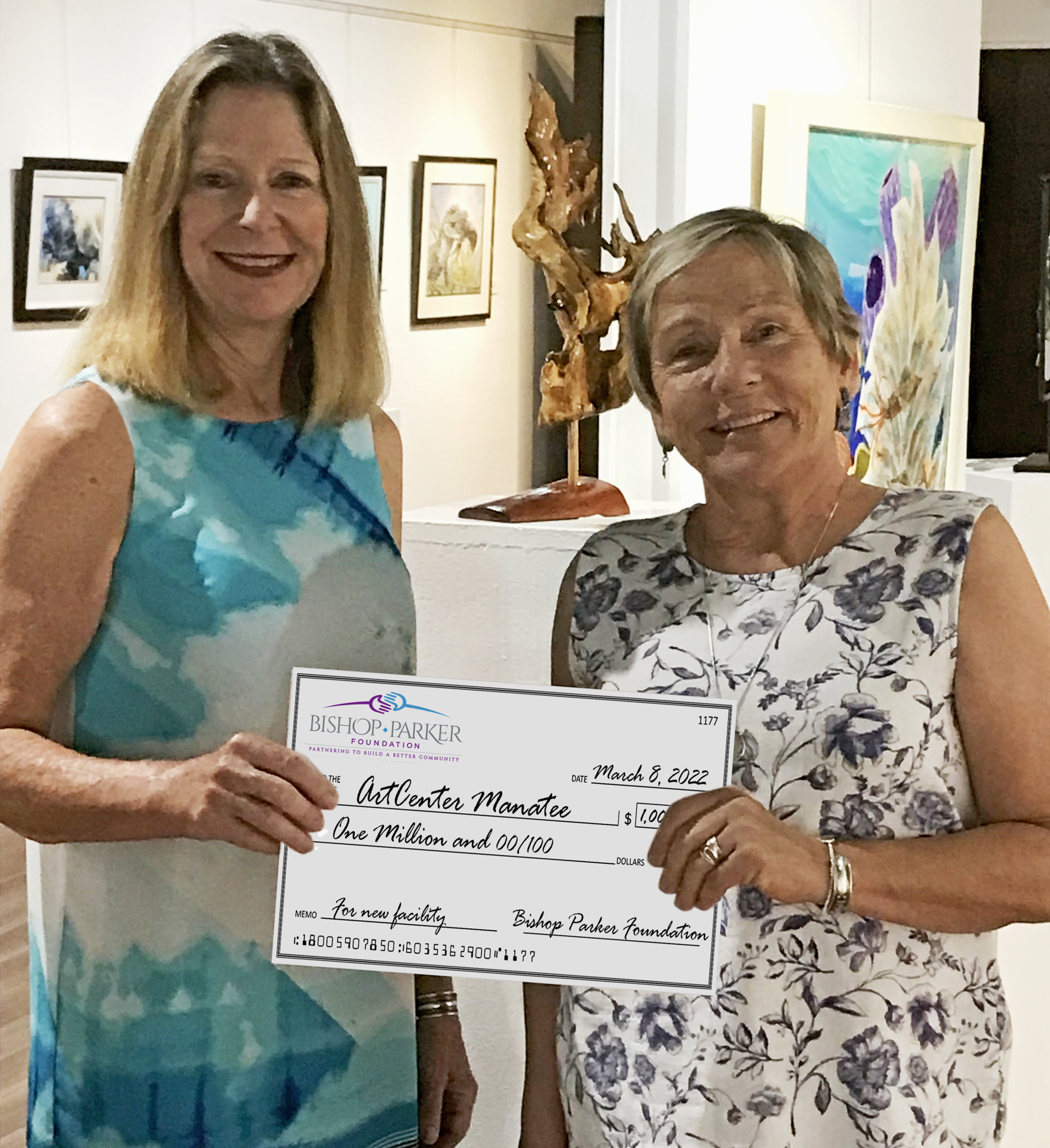 Adell Erozer, executive director of the Bishop Parker Foundation, and Carla Nierman, executive director of ArtCenter Manatee, celebrate a recent donation to the building fund. (Courtesy photo)