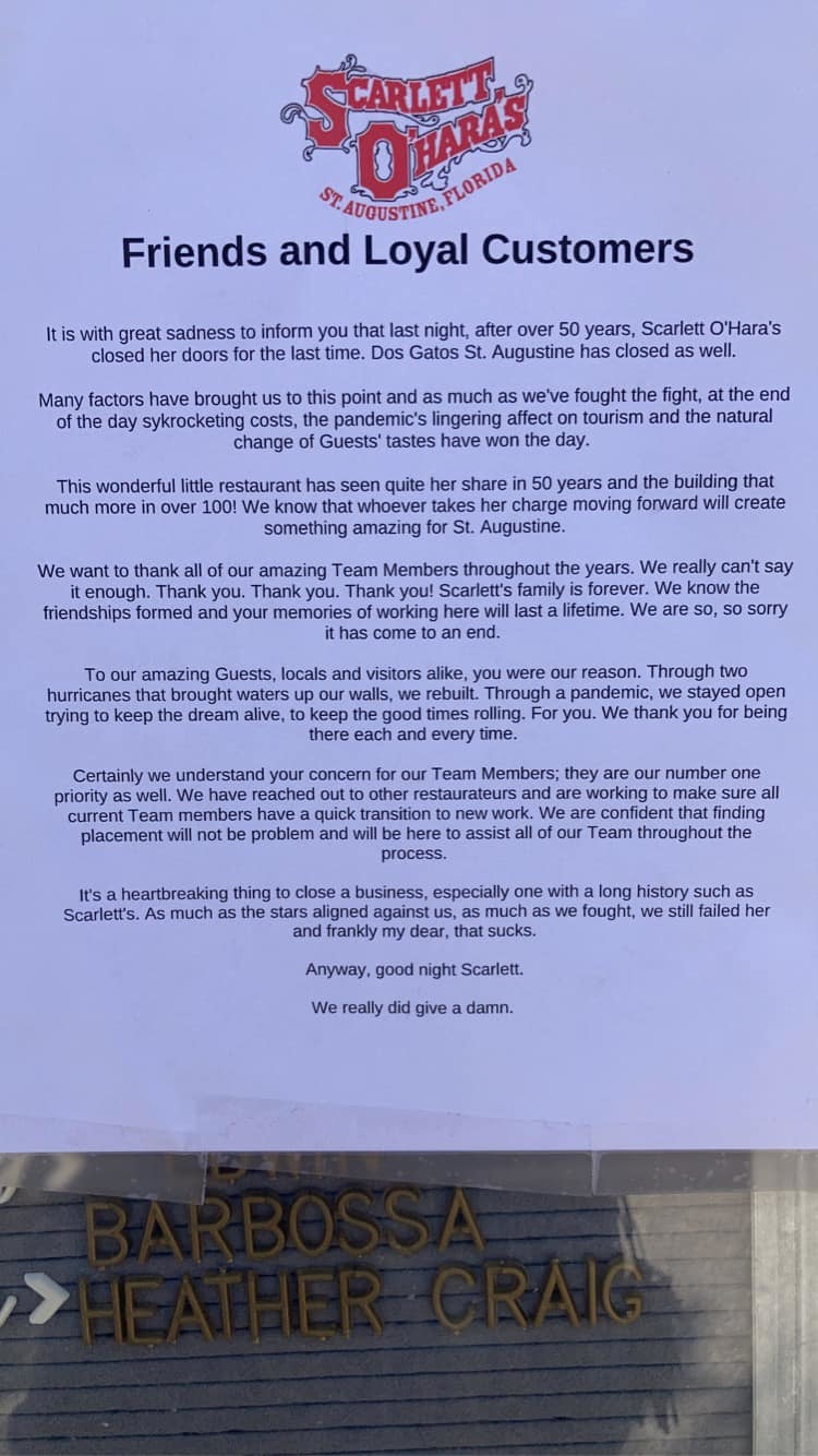 The letter Scarlett O’Hara’s posted on its Facebook page about the closing.