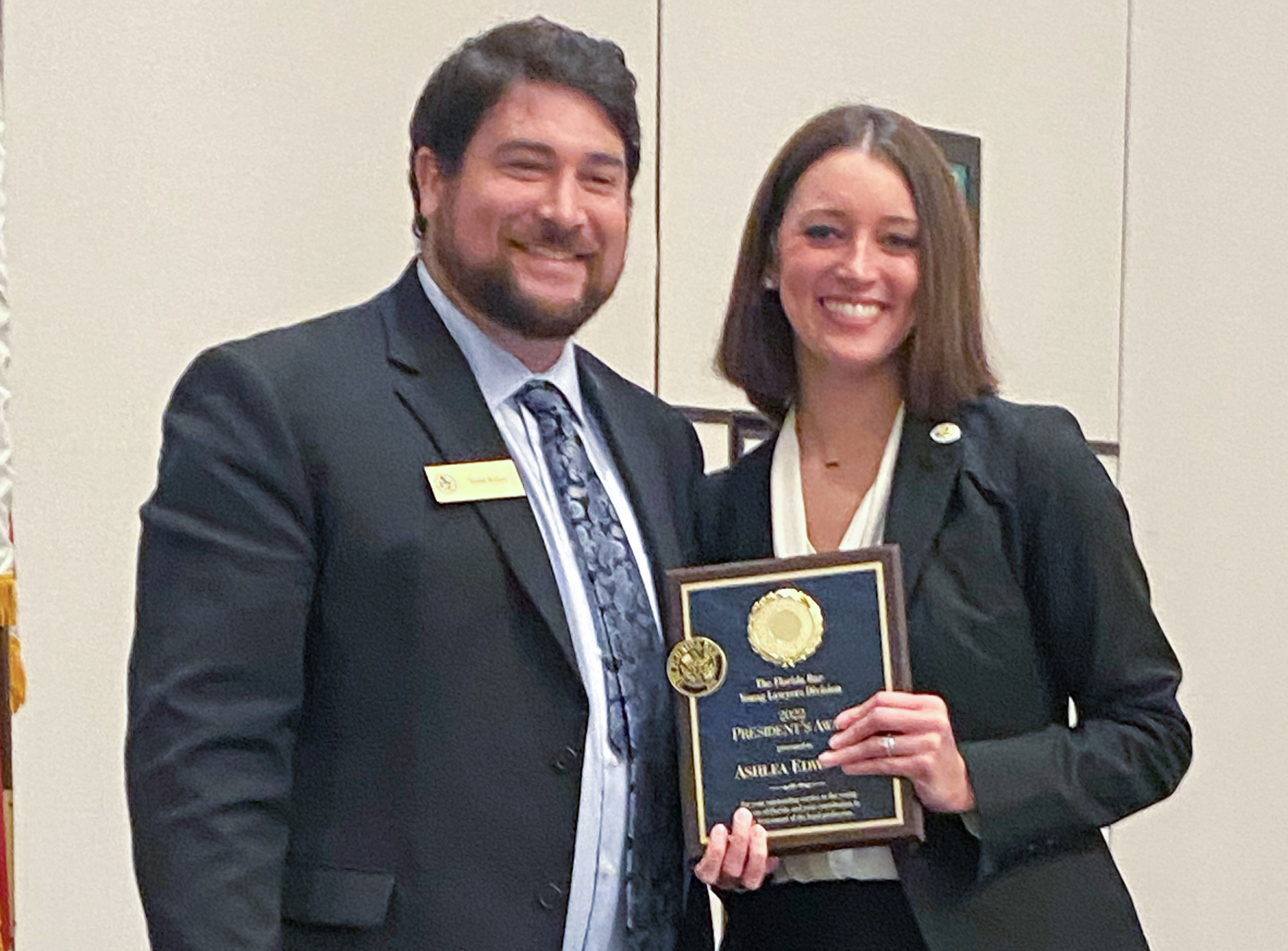 The Florida Bar Young Lawyers Division 2021-22 President Todd Lawrence Baker presented the President’s Award to Ashlea Edwards, YLD governor and a past president of the Jacksonville Bar Association Young Lawyers Division.