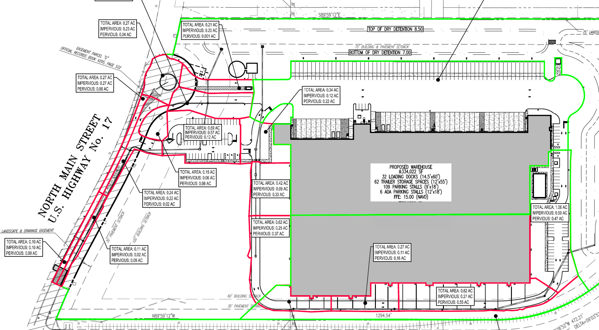 The warehouse has 32 loading docks, 62 trailer storage spaces and 109 parking spaces.