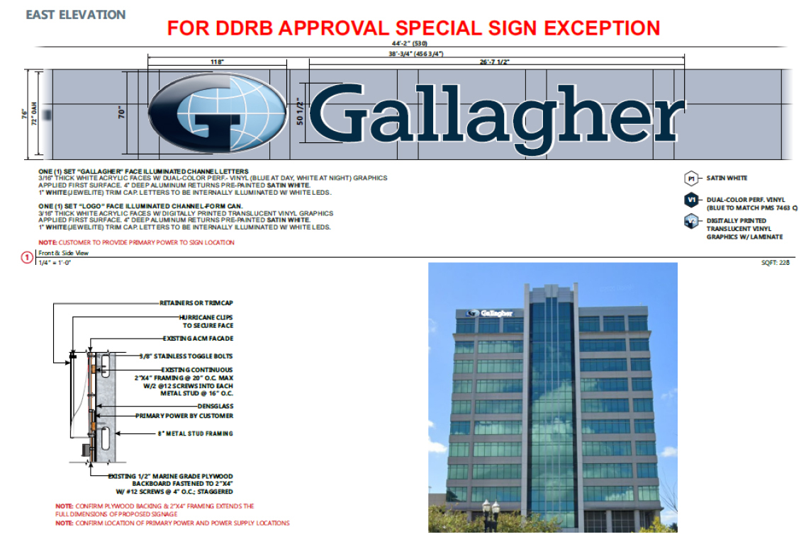 Gallagher is seeking an additional sign at 501 Riverside Ave.