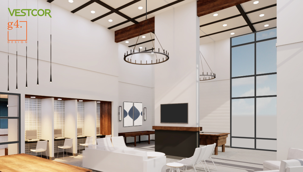 An artist’s rendering of the clubroom at Lofts at San Marco East with computers, TVs, billiards and shuffleboard. Additional amenities will include a fitness room and a dog walk area.