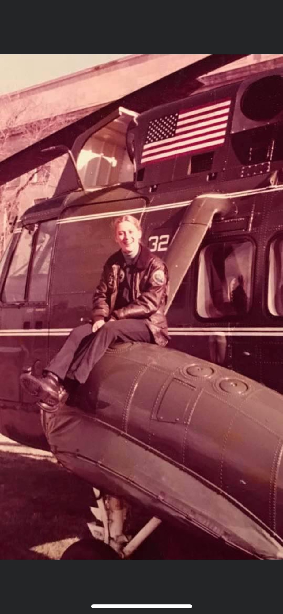 Suzanne Oliver sits on a helicopter in front of the Pentagon in 1978. This helicopter is now on display at the Reagan Library, as it was the one that flew Kennedy's body from Andrews Air Force Base to lie in state. Courtesy photo