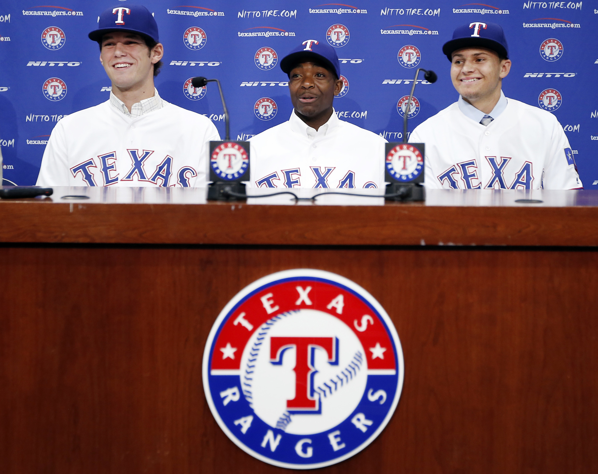 Cole Ragans, left, Alex Speas and West Orange High's Kole Enright were introduced by the Texas Rangers at a press conference June 14. Photo by Brandon Wade / Texas Rangers