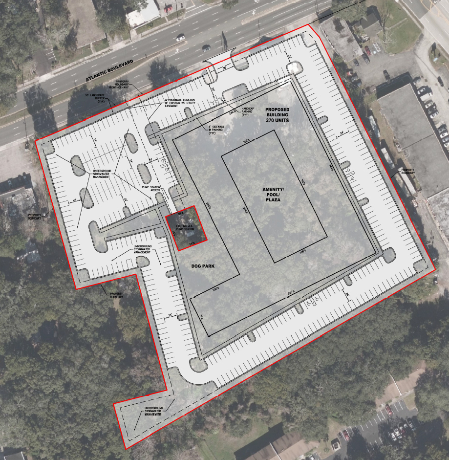 The concept plan filed with the city shows the outline of a proposed 270-unit apartment community on 6.63 acres.