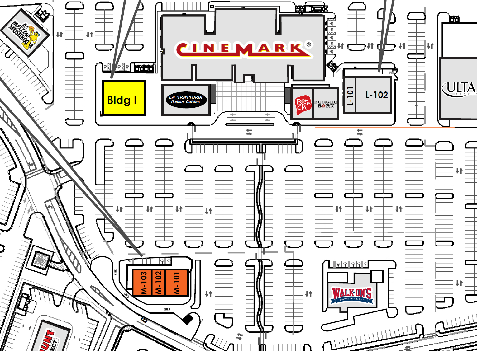 A property site plan shows Walk-On’s in front of the Cinemark Durbin Park & XD theater.