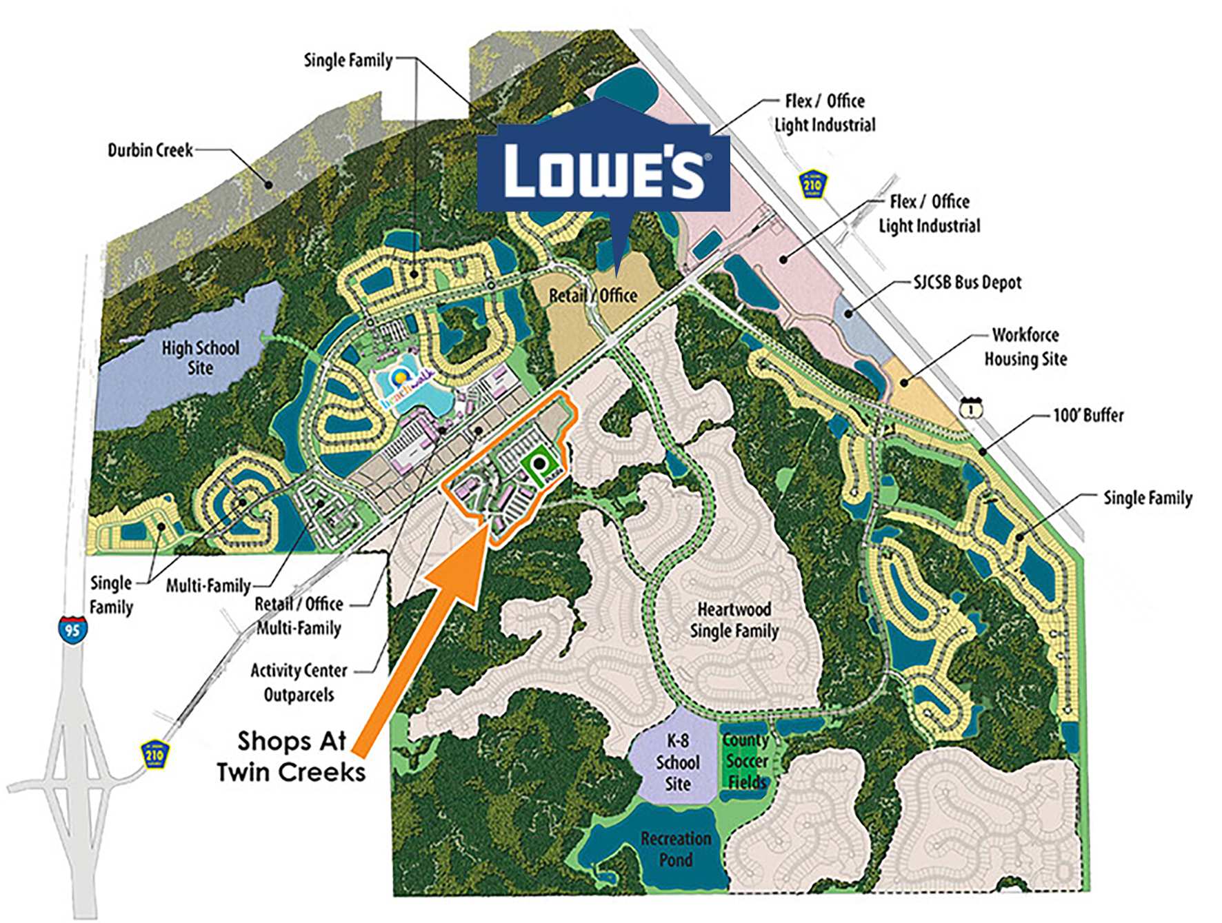 Lowe’s is planned for this area indicated as retail/office in the Twin Creeks development at Beachwalk.