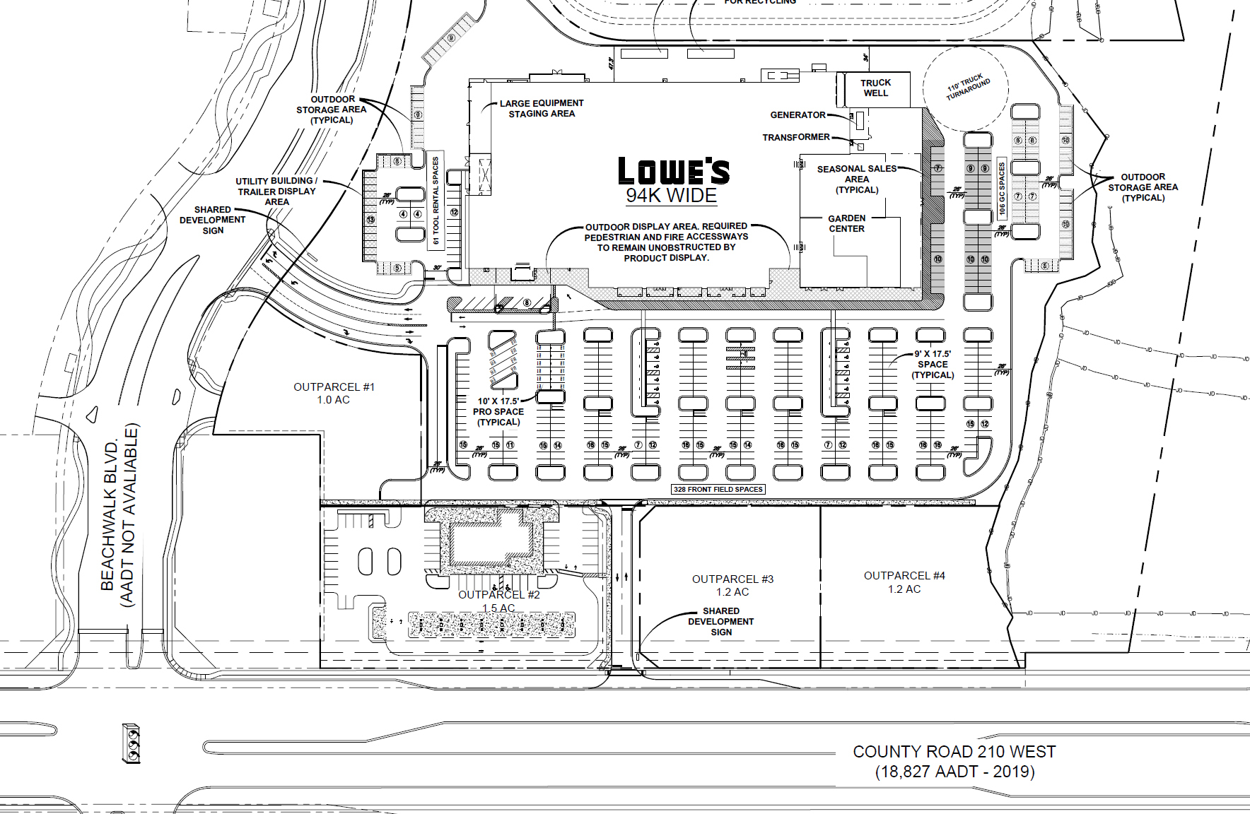 The site plan for the Lowe's at Beachwalk Boulevard and Country Road 210.