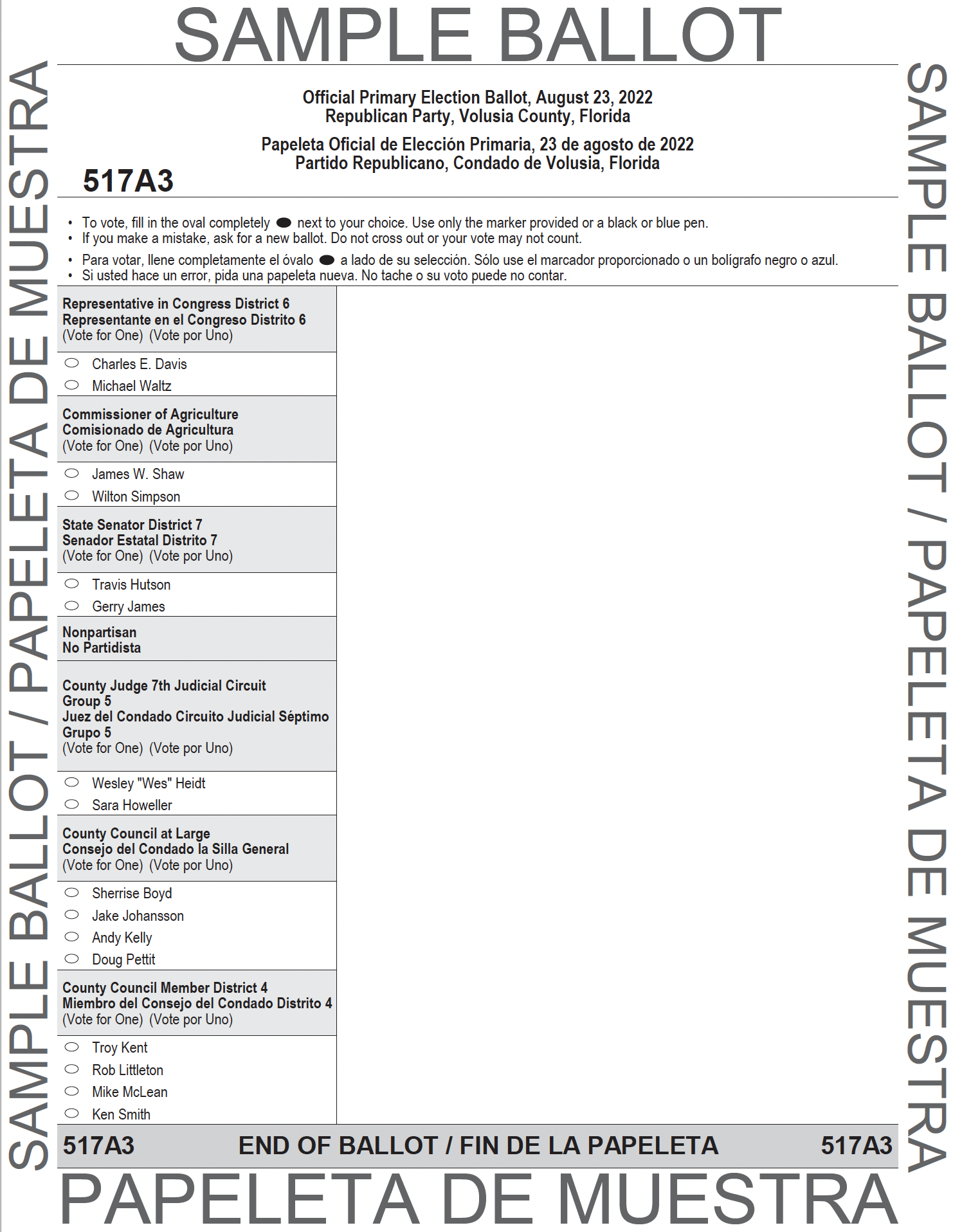 A sample ballot for a Republican Party voter