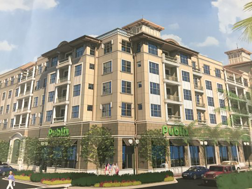 An early rendering of the project included apartments above the Publix.
