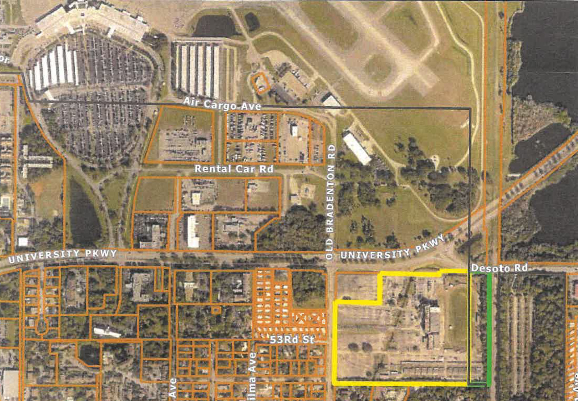 Lined in yellow is the former Kennel Club site planned to become apartments. Lined in green is county land being annexed into the city of Sarasota. (Courtesy map)