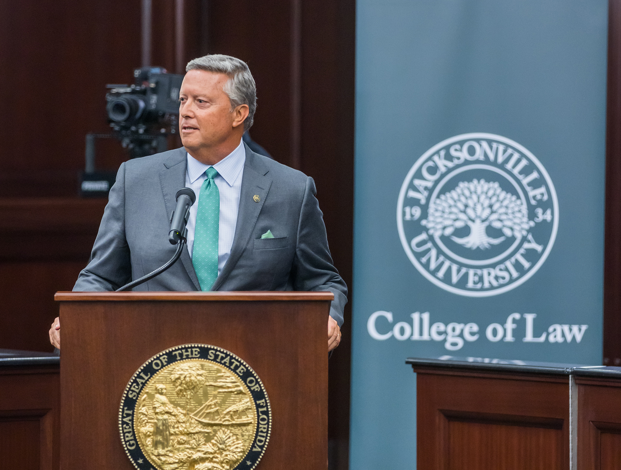 Jacksonville University President Tim Cost speaks at the law school’s convocation Aug. 5 at the Duval County Courthouse.