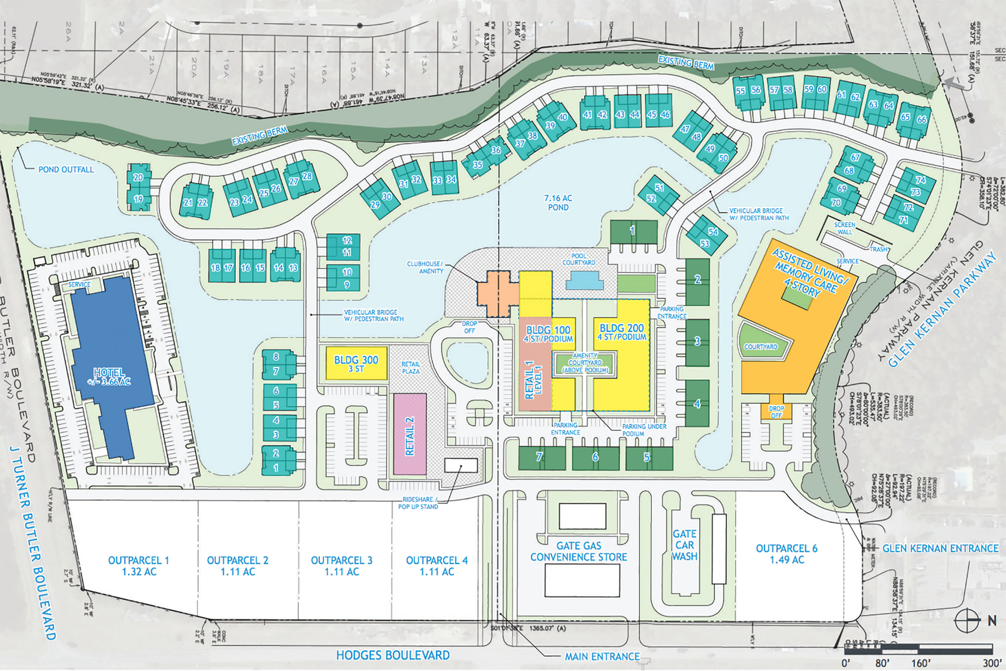 The site plan for Glen Kernan Park shows the hotel on the south side of the property, shown on the map in blue.