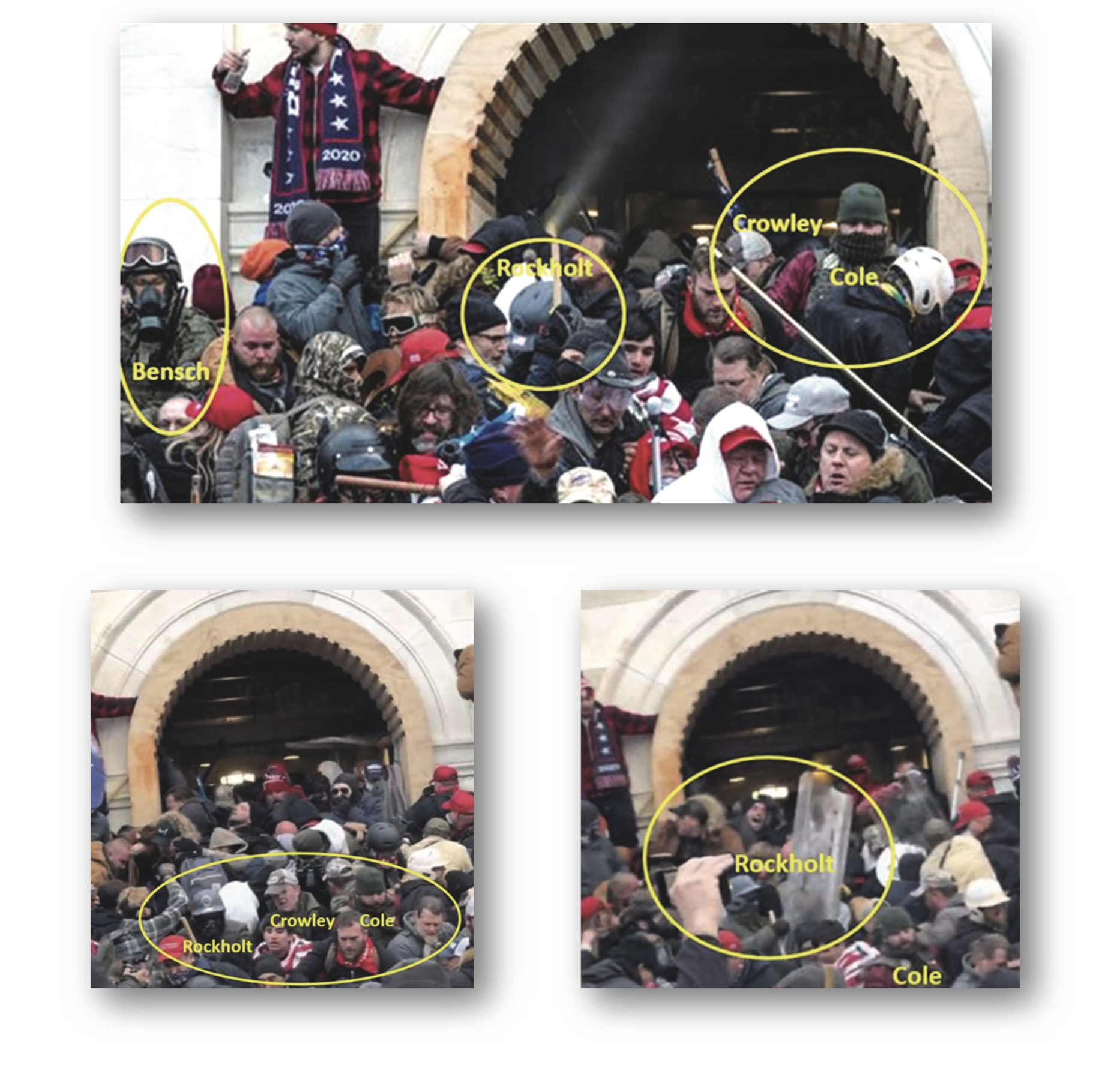 The suspects during the Jan. 6 breach of the Capitol. Images from court documents