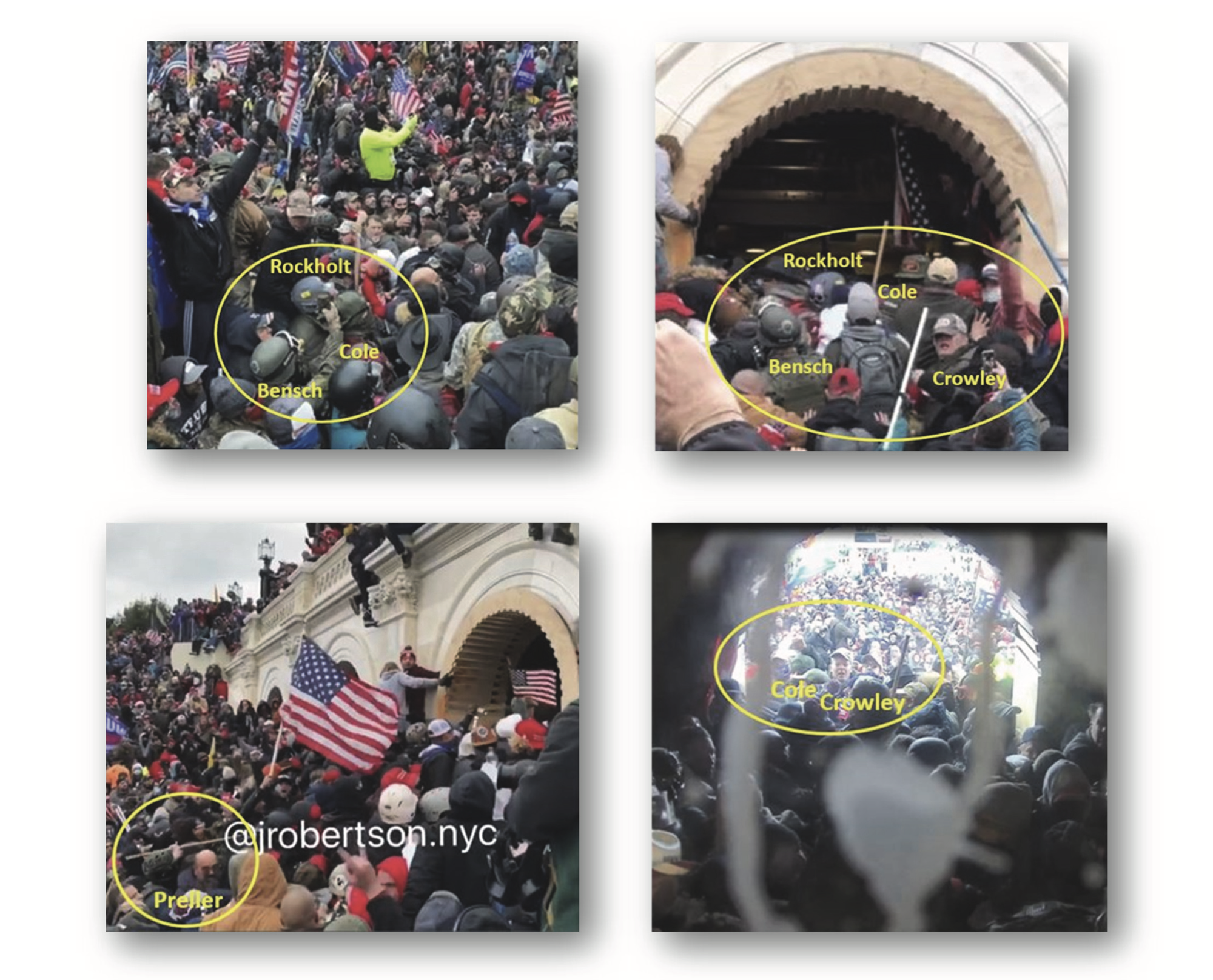The suspects during the Jan. 6 breach of the Capitol. Images from court documents