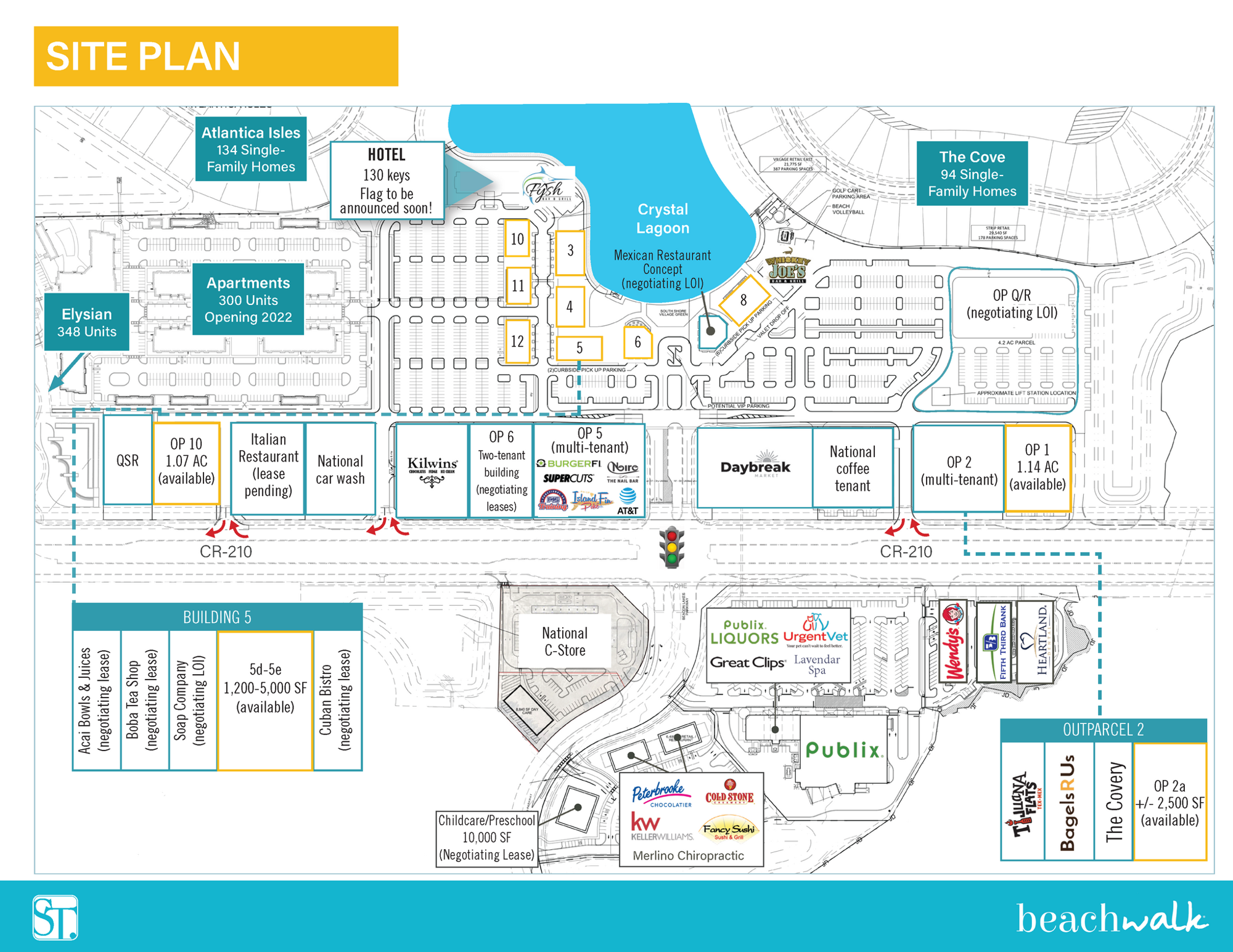 The site plan for Beachwalk shows a future Italian restaurant along County Road 210 on the west side of the property.