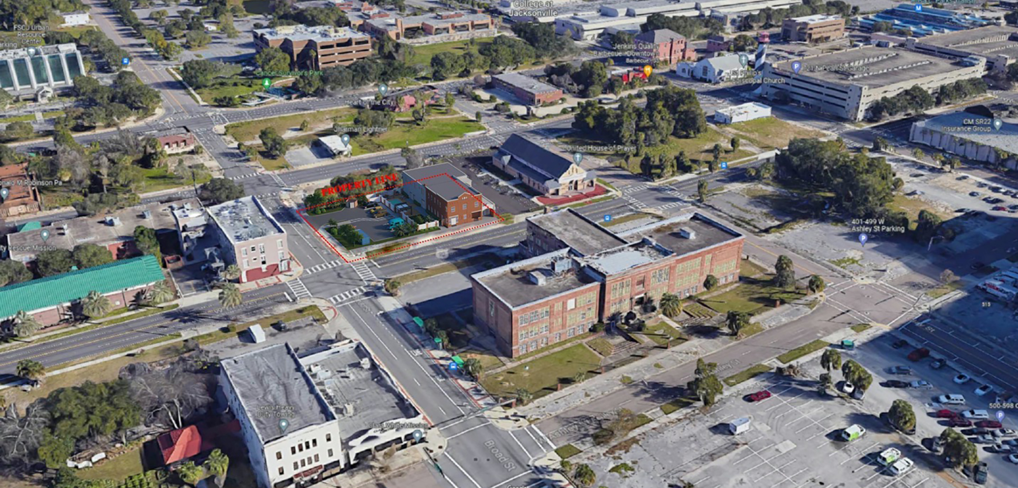 The building is west of the United House of Prayer for All People church and across West Beaver Street from Old Stanton High School.