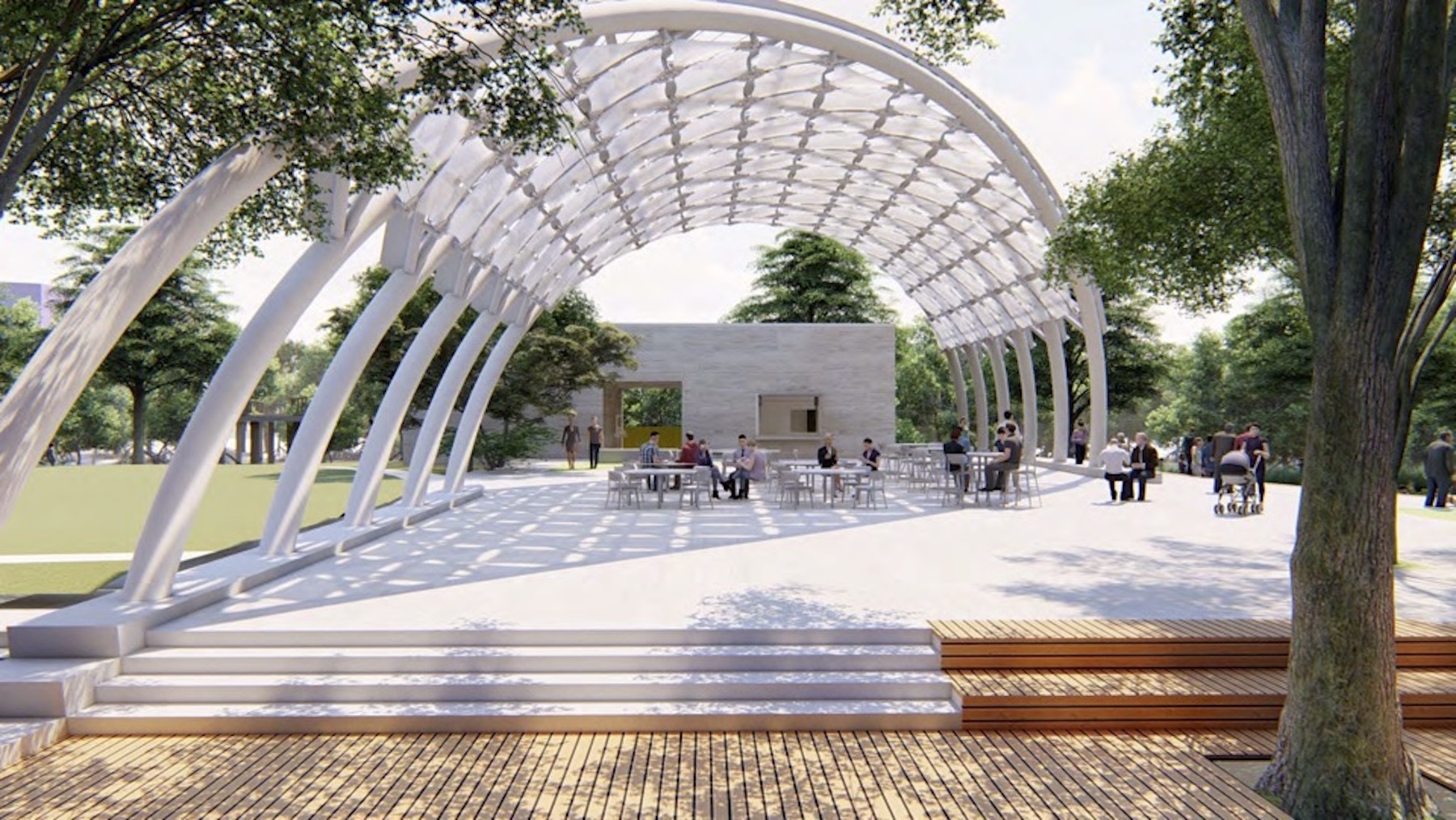 A rendering of a shade structure offering seating for dining is central to phase one of The Bay. (Courtesy Bay Park Conservancy)