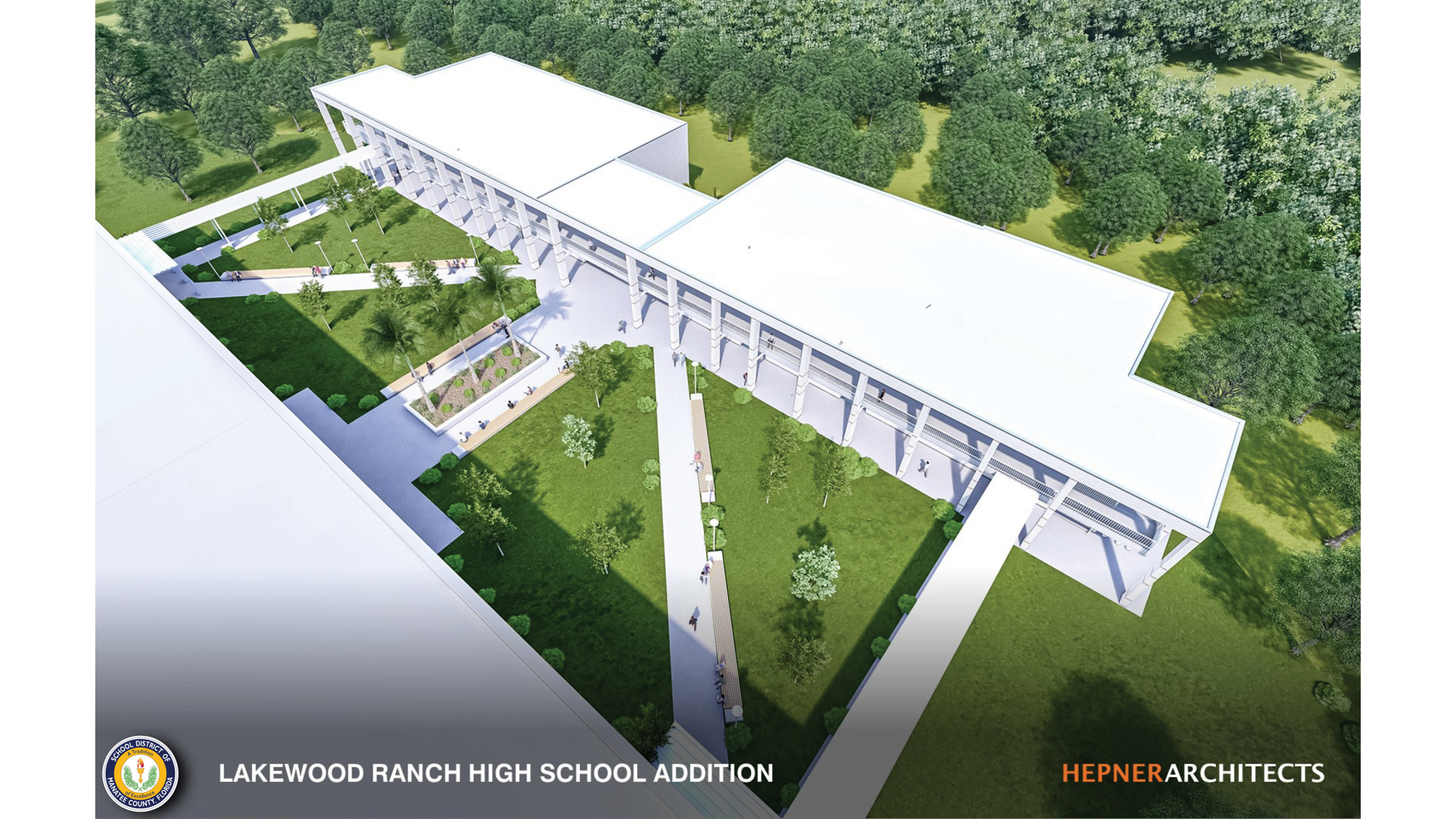 The new Lakewood Ranch High addition will connect to Building 5, which will allow for a new courtyard to be created for students to gather. (Rendering courtesy of Hepner Architects and the School District of Manatee County.)