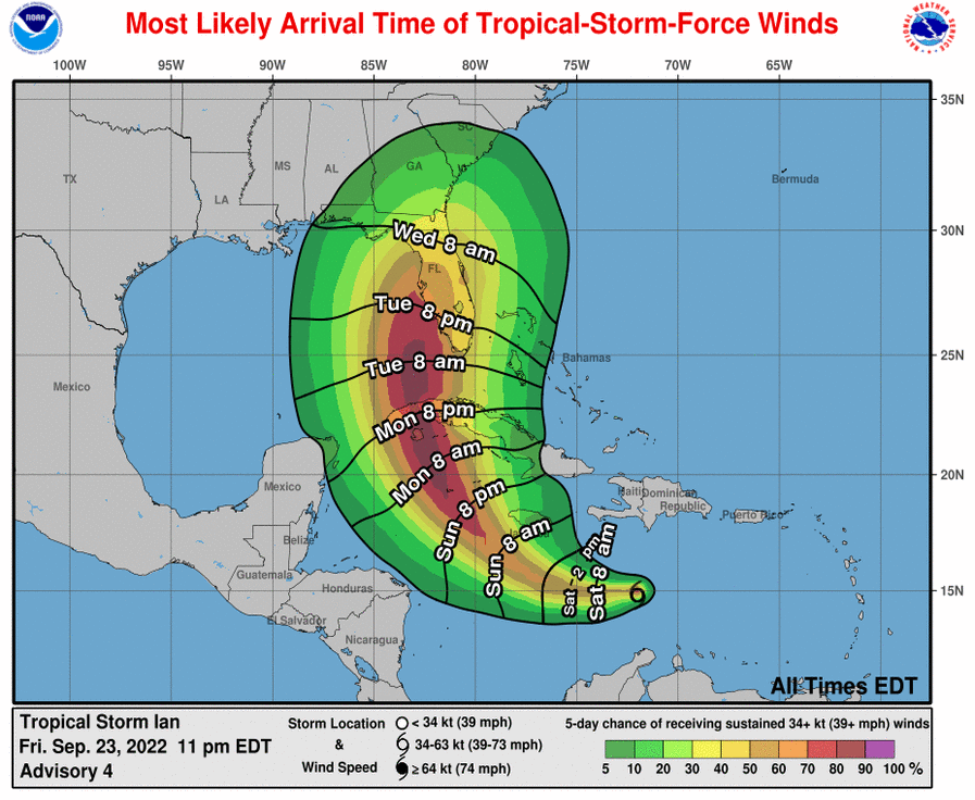 The most-likely arrival of tropical-storm-force winds of Tropical Storm Ian as of 11 p.m. Sept. 23 via National Hurricane Center.