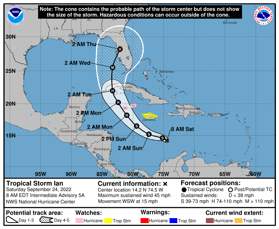 The projected path of Tropical Storm Ian as of 8 a.m. Sept. 24 via National Hurricane Center.