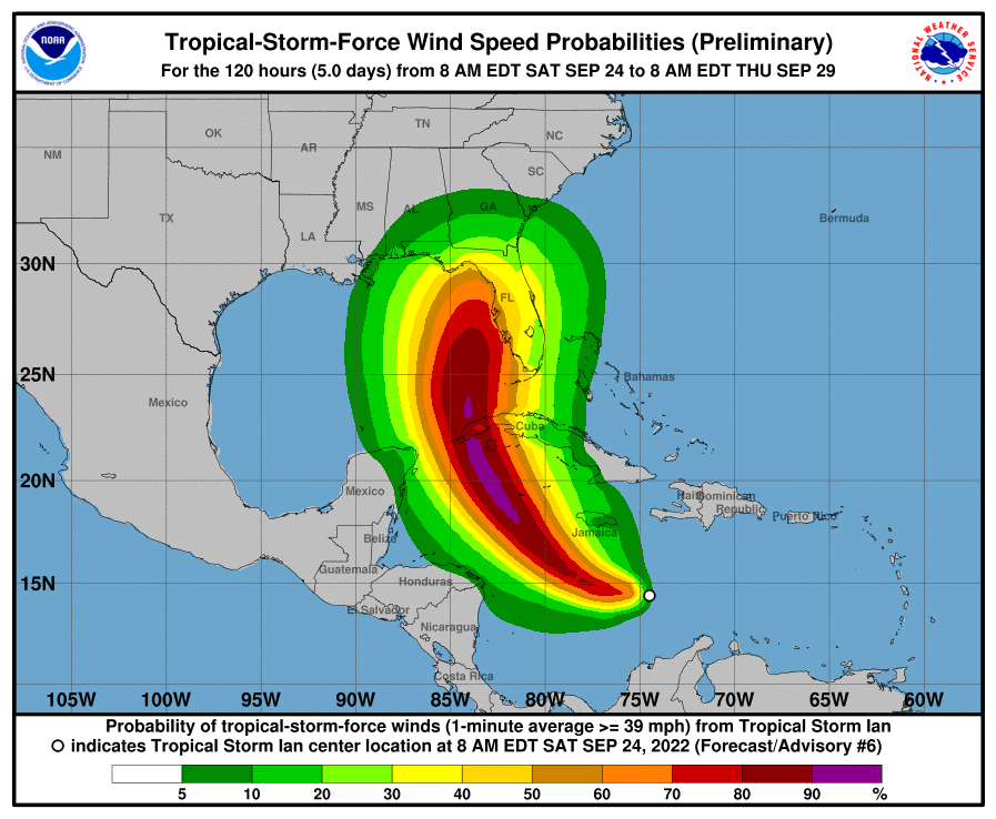 The probable tropical-storm-force winds of Tropical Storm Ian as of 8 a.m. Sept. 24 via National Hurricane Center.