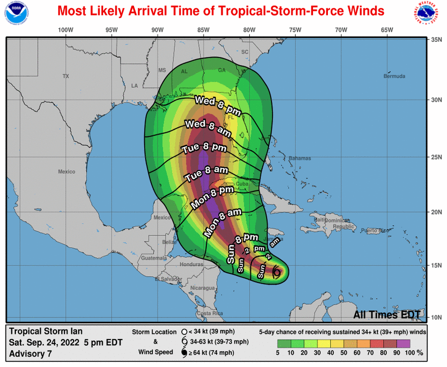The most-likely arrival of tropical-storm-force winds of Tropical Storm Ian as of 5 p.m. Sept. 24 via National Hurricane Center.