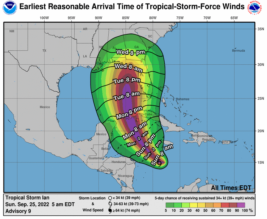 The earliest reasonable arrival of tropical-storm-force winds of Tropical Storm Ian as of 5 a.m. Sept. 25 via National Hurricane Center.