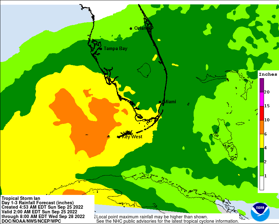 Potential rainfall in Florida from Sunday morning to Wednesday morning via National Weather Service.